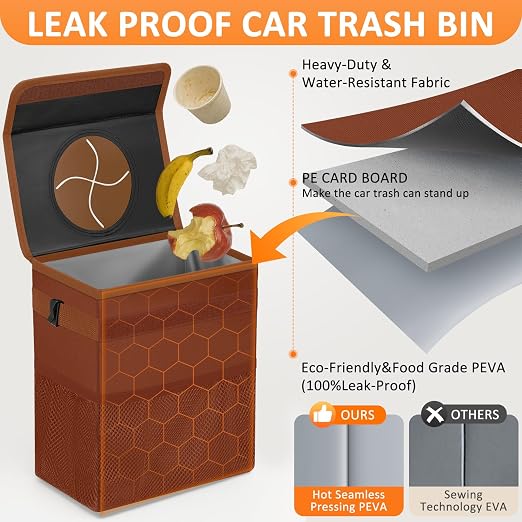 Vankor Car Trash Can, Brown, 2.2 Gallons Capacity, Waterproof, Polyester Material, Adjustable Strap, Hanging Design, Leakproof Lining, 100% PEVA Thickness | 2.2 Gallon Cute Hanging Car Trash Bin for Men Car Truck Vehicle Sedan SUV Interior Automotive G... - Image 3