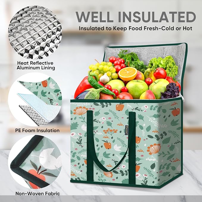 BALEINE 2Pk Insulated Reusable Grocery Bags, Collapsible Cooler Bag for Groceries, Heavy Duty Large Insulated Bag (16''x9''x13'', Spring Stroll) (Pack of 10) - Image 2