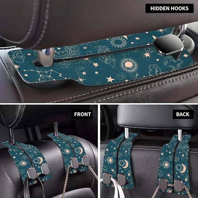 Car Seat Back Storage Headrest Hook, Premium Leather Double Metal Hook, Hanger Storage Organizer for Purse Cloth Bag, Car Interior Accessories Cute Blue Sun Boho - Image 4