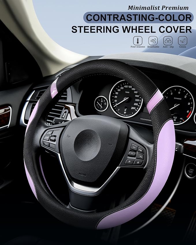 Universal Leather Steering Wheel Cover for Women Steering Wheel Cover for Car 15 inch (Lilac Color) - Image 3