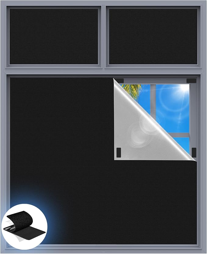 Blackout Curtains for Bedroom, 70" x 58" Portable Blackout Blinds No Drill | 100% Blackout Window Cover with Hook&Loop Strip, Temporary Blackout Shades, Blackout Window Film for Nursery Travel RV- Black by Tlany