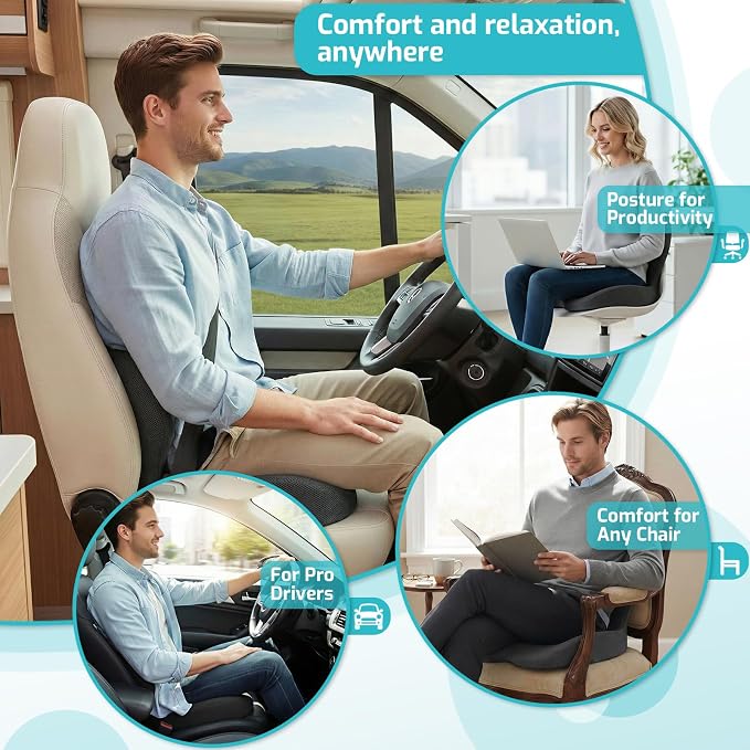 Trucker Seat Cushion, Thick Car Seat Cushions with Lumbar Support Pillow, Ergonomic L-Shaped Orthopedic Memory Foam for Long Driving Lower Back Pain Sciatica Relief, Gift for Drivers (Black+WE) - Image 7