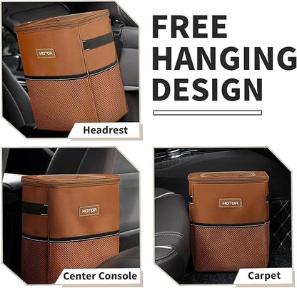 HOTOR Brown Car Trash Can with Adjustable Strap, Magnetic Snaps, Waterproof Lining, and Storage Pocket | Brown, Multifunctional Car Accessory with Adjustable Straps & Magnetic Snaps for Interior Car Storage - Image 2
