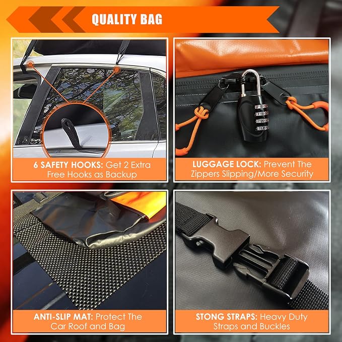 Car Roof Bag Rooftop Cargo Carrier Bag Waterproof 15 Cubic Feet roof Cargo | Soft Shell Luggage rack bag for All Vehicle with/Without Rack,Includes Anti-Slip Mat,8 Reinforced Straps,6 Door Hooks,Lock - Image 5