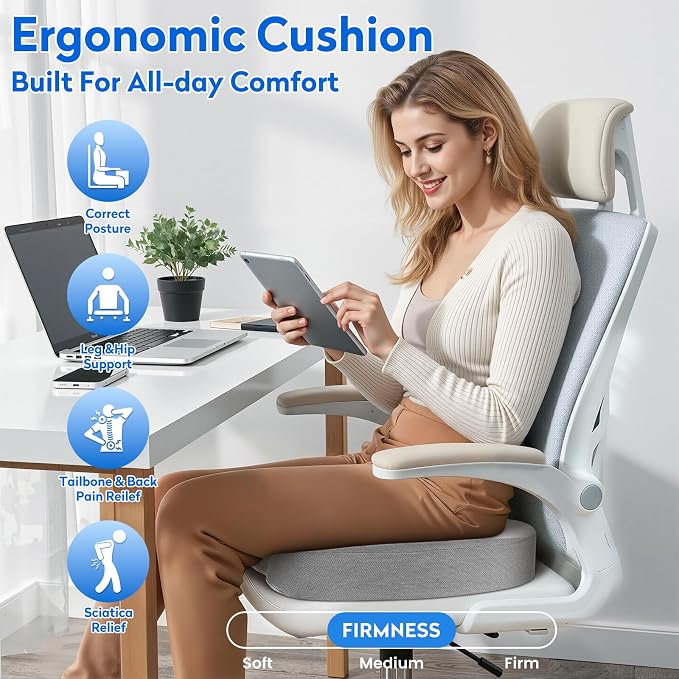 CushZone XXL Memory Foam Seat Cushion for Office & Car, Light Gray | U-shaped Coccyx Cutout, Contoured Design, Breathable Removable Mesh Cover, Non-Slip Base, Carry Handle - Image 6