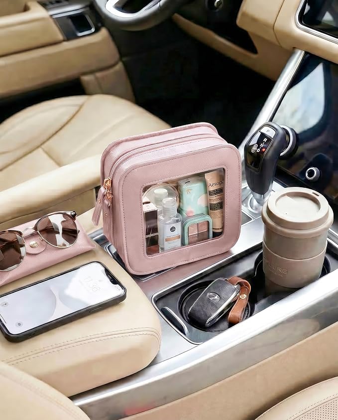 Small Makeup Bag for Purse Mini Cosmetics Bag Leather Cute Cosmetic Pouch for Women with Slip-in Pockets (Square, Light Pink) - Image 4