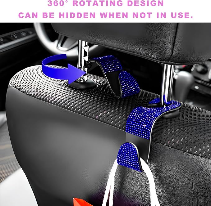 4 PCS Bling Car Seat Headrest Hooks, Rhinestone Vehicle Backseat Storage Hanger Backpack Hook, Sparkly Multi-Functional Headrest Purse Holder for Car Truck SUV RV (Blue) - Image 4