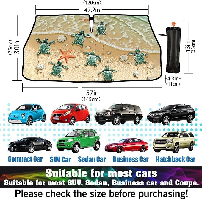 Socira Sea Turtles Car Windshield Sun Shade Umbrella Style Sunshade Funny | Automotive Windshield Sunshade Foldable Front Car Accessories Interior Decor to Keep Vehicle Cool for Most Vehicles 57X30'' - Image 2