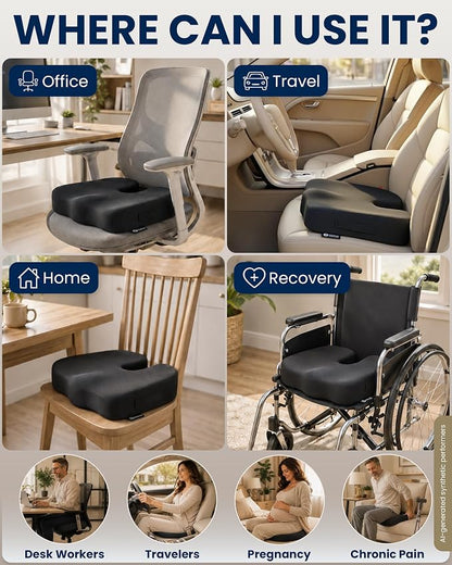 5 STARS UNITED Seat Cushion - Memory Foam & Cooling Gel - Chair Cushion for Tailbone Pain Relief - Ergonomic Support for Coccyx, Sciatica & Butt - Office, Desk & Gaming Chair, Car, Wheelchair, Black - Image 3