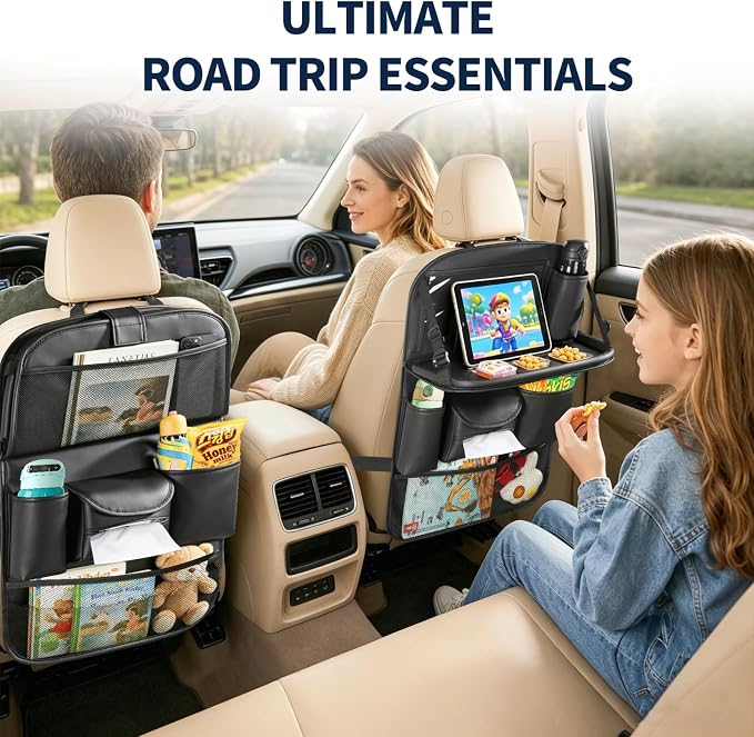 Backseat Car Organizer with Foldable Tray Table (1 Pack) | Premium PU Leather Seat Back Organizer with Tablet Holder, Large Pockets, Kick Mat for Family Travel and Daily Use - Image 4