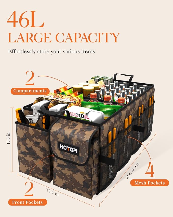 HOTOR Trunk Organizer - Foldable Car Organizer for SUVs & Sedans Storage | Sturdy Car Organization for Men & Women, Car Accessories, Tools, Brown Camouflage, 2 Compartments, 21.3" x 12.6" x 10.6" - Image 3