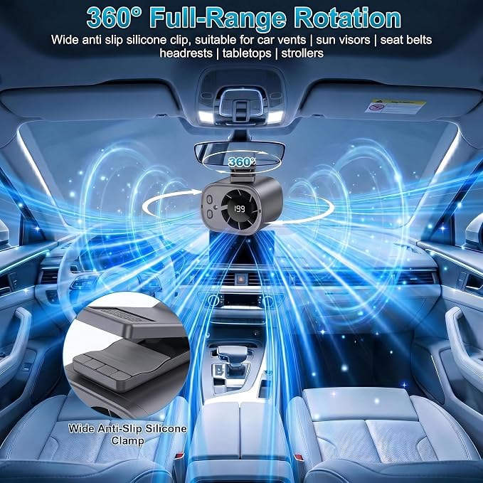 Car Clip On Fan,Portable Cooling Fan for Car with LED Display,360° Rotating Mini Fan,199 Speed Settings,USB Rechargeable 1500mAh Backseat Fan for Cars Without AC, Stroller,Office, Camping - Image 4