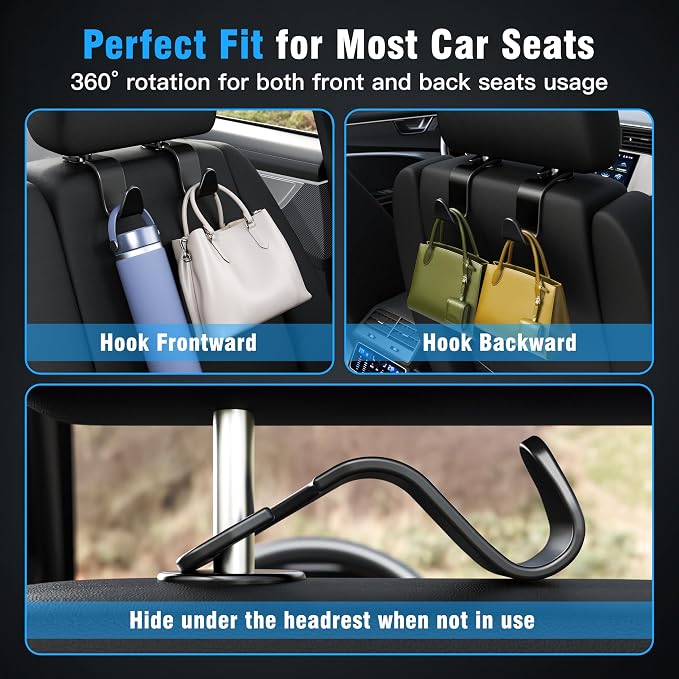 4-Pack Car Headrest Hooks Holds 55lbs Seat Storage Organizer for Bags | Durable ABS Material, 360° Rotating, Car Hanger for Backpack Umbrella Water Bottle Coat Purses Handbags Groceries, Black - Image 4