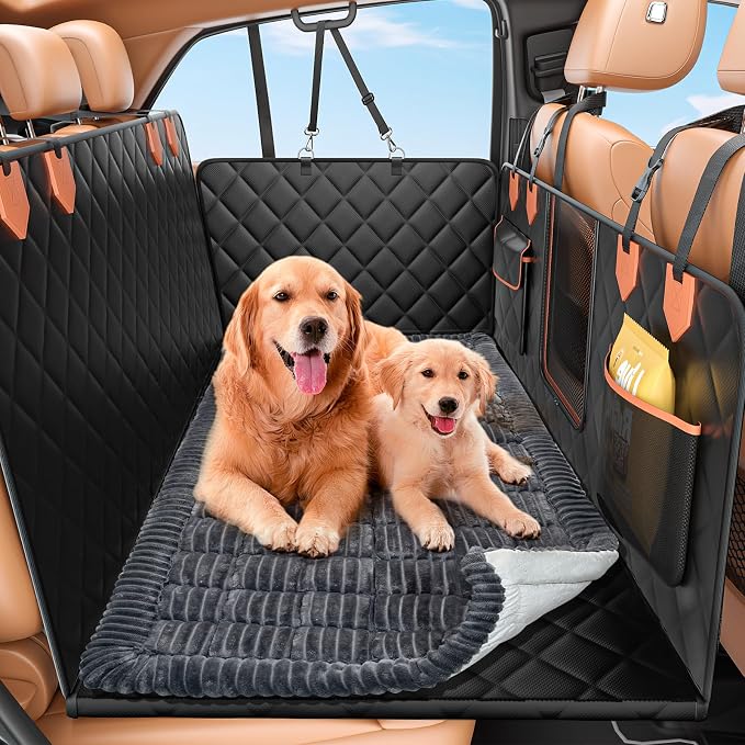 IJVAE Hard Bottom Car Seat Cover for Dog swith Removable Soft Blankets,Scratch-Proof and Anti-Slip Car Dog Hammock for Large Dogs Brown for Crew Cab Trucks F150 by IJVAE