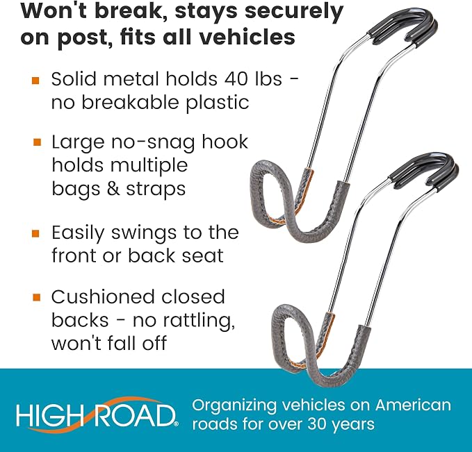 High Road Car Hooks for Purses and Bags with Leather Trim - Unbreakable Headrest Car Hooks for Large Purse Straps and Heavy Bags up to 40 lbs - Secure Attachment Loops Fit All Headrest Posts, 2-Pack - Image 2