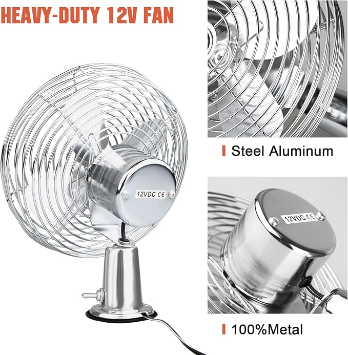 12V Portable Fan RV | Truck Cooling Heavy Duty 9" Metal Clip-On Car Fan Bus | Boat | Forklift | Car | Camper | Lawn | Mower | Tractor 2-Speed High Velocity Silver - Image 2