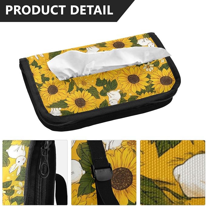 Car Tissue Holder Car Napkin Holder Car Tissue Box Dispenser Storage Case Sun Visor Mask Holder with Adjustable Straps Reusable Refillable Autumn Sunflower and Cute Rabbit - Image 3
