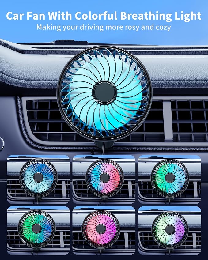 Car AC Fan to Boost Cooling Air Circulation - More Stable Vent Clip | 4in Larger Clip On Car Fan, Colorful Lighting, USB Fan for Car SUV Van RV Pickup Truck, Strong 3 Speeds, 360 Rotating, Quiet - Image 5