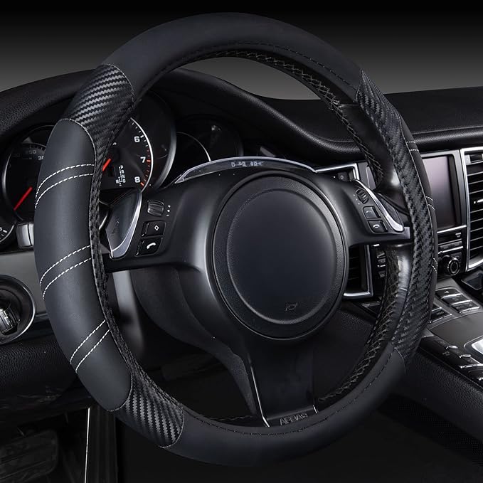 CAR PASS Line Rider Microfiber Leather Sporty 14.5-15 inch Steering Wheel Cover Universal Fits for 95% Truck,SUV,Cars, Anti-Slip Safety Comfortable Design (Black Carbon Fiber) by CARPASS