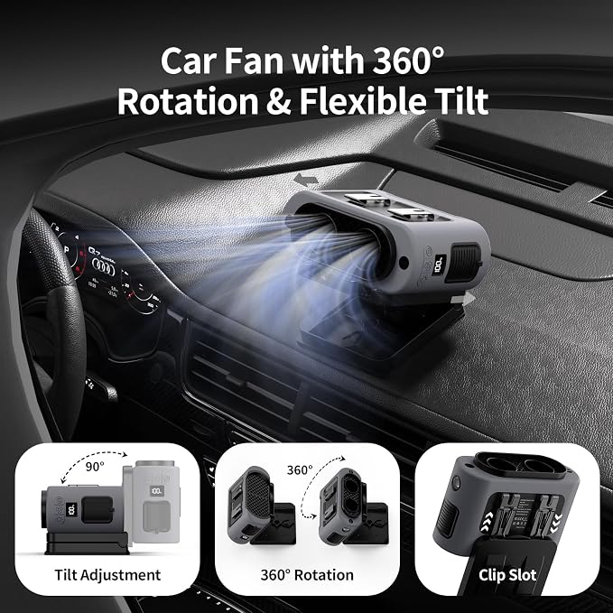 Socool Portable Car Fan - 14500mAh Rechargeable Battery Opearated, Clip on Car Seat Headrest 360 Rotatable, 5-Speed Backseat Fans for Baby Rear Facing Cooling with Dual Air Outlets for SUV RV Truck - Image 4