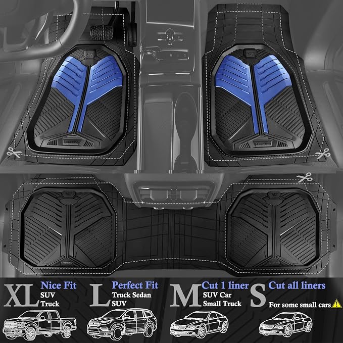 CAR PASS Heavy Duty Rubber Car Mats, Deep-Dish Car Floor Mats All Weather, Universal Two-Tone Trim-to-Fit for SUVs Trucks Sedans, Waterproof Anti-Slip, 3 Pieces V12 Black and Metallic Blue - Image 2