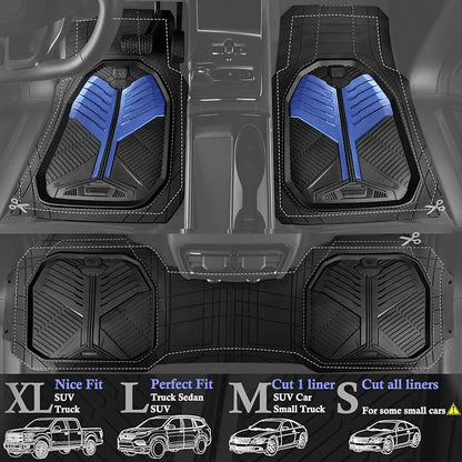 CAR PASS Heavy Duty Rubber Car Mats, Deep-Dish Car Floor Mats All Weather, Universal Two-Tone Trim-to-Fit for SUVs Trucks Sedans, Waterproof Anti-Slip, 3 Pieces V12 Black and Metallic Blue - Image 2