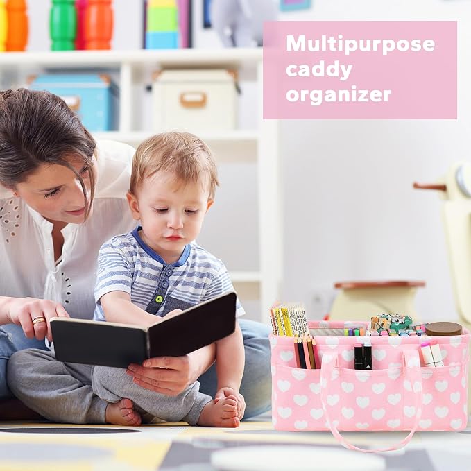 Diaper Caddy Organizer for Baby Girl-Nursery Storage Bin-Portable Car Organizer for Diapers and Baby Wipes- Baby Shower Registry Basket Newborn Must Have Tote Caddy Bag（Pink Heart） - Image 3