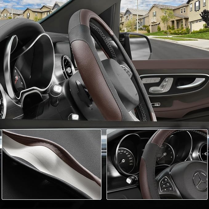 SEG Direct Steering Wheel Cover 14.5-15 inch Car Auto Interior Accessories | Universal Medium Standard Size 37-39cm for Car Truck SUV, Microfiber Leather, Anti-Slip Comfortable Grip, Black Dark Brown - Image 3