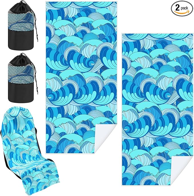 Hahafelt 2 Pack Car Seat Towel Cover with Storage Bag, Waves | 63 x 32 in Car Towel Seat Cover Non Slip Waterproof, Gym Workout Swimming Running, Machine Washable Sweat Absorbent Protector by Hahafelt
