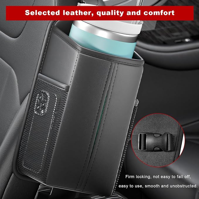 Car Tissue Holder, Waterproof Leather Auto Front Seat Side Tissue Box with 2 Mesh Pockets, Rectangular Large Napkin Holder Storage Hanging Bags for Cars SUVs Trucks - Image 5