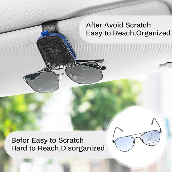 SINGARO Sunglasses Holder for Car, Leather Magnetic Buckle Sun Visor Sunglass Clip, Ticket Card Storage Glasses Clip, Car Interior Accessories for Men and Women（2PCS Black-Blue） - Image 6