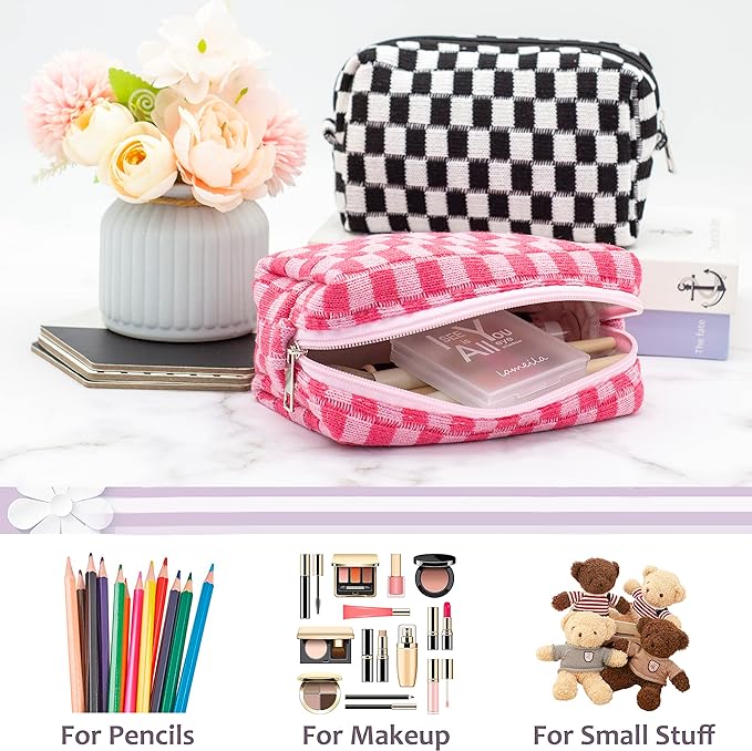 Checkered Makeup Bag for Purse, Small Cosmetic Pouch,Green Hotpink,2 Pack | Cute Zipper Makeup Organizer for Women, Travel Essentials, Toiletries, Makeup Brushes, Beauty Accessories&Bridesmaid Gifts - Image 2