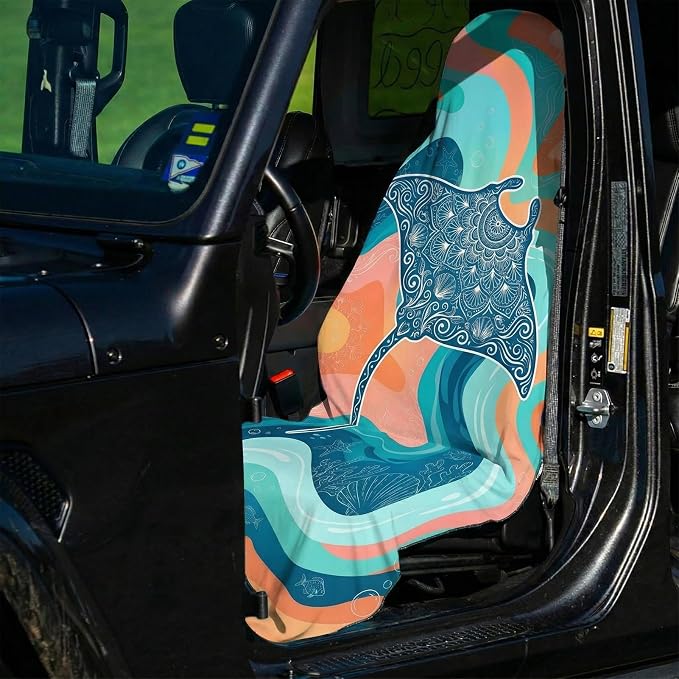 2 Pack Car Seat Towel Covers, Sweat-Proof Microfiber Seat Protectors for Gym, Running, Beach & Workout, Breathable Quick-Dry, Machine Washable, Pastel Manta Ray Print, Universal Fit - Image 4