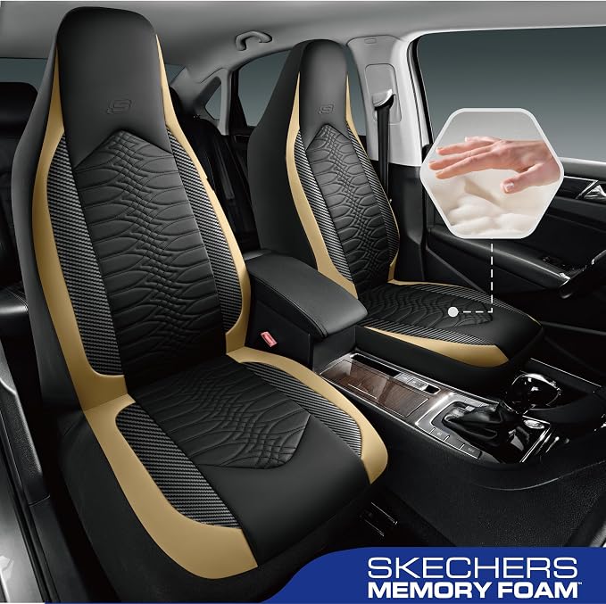 Skechers Memory Foam Car Seat Covers, Leather High Back Seat Covers Quilting Design,Waterproof Sports Car Seat Covers Front Seats,Airbag Compatible, Universal Fit for Most Cars, SUVs,Trucks,Beige - Image 2