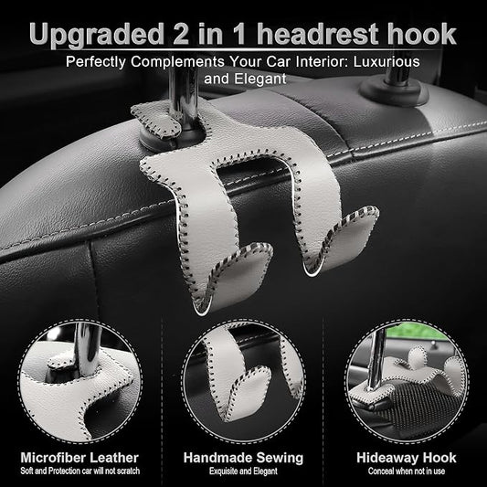 LivTee Upgraded Superior Leather Car Seat Back Headrest Hook, 2 in 1 Auto Seat Hook Hangers Holder Organization Interior Accessories for Purses Coats Umbrellas Grocery Bags Handbag (Gray) - Image 2