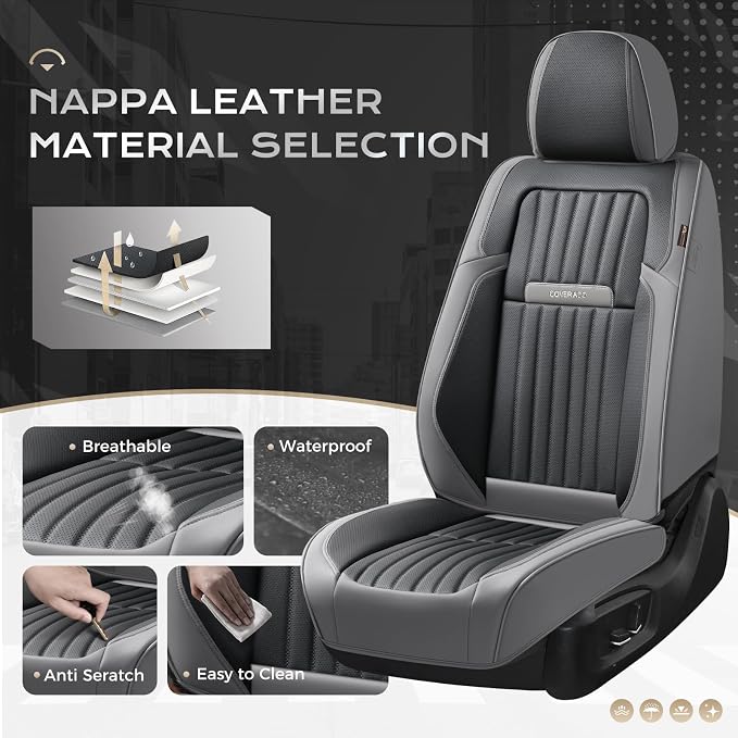 Coverado Car Seat Covers Front Seats, Seat Covers for Cars, Car Seat Protector, 2-Pack Car Seat Cushion Nappa Leather, Waterproof Seat Covers Carseat Cover Universal Fit for Most Cars(Gray&Black) - Image 2
