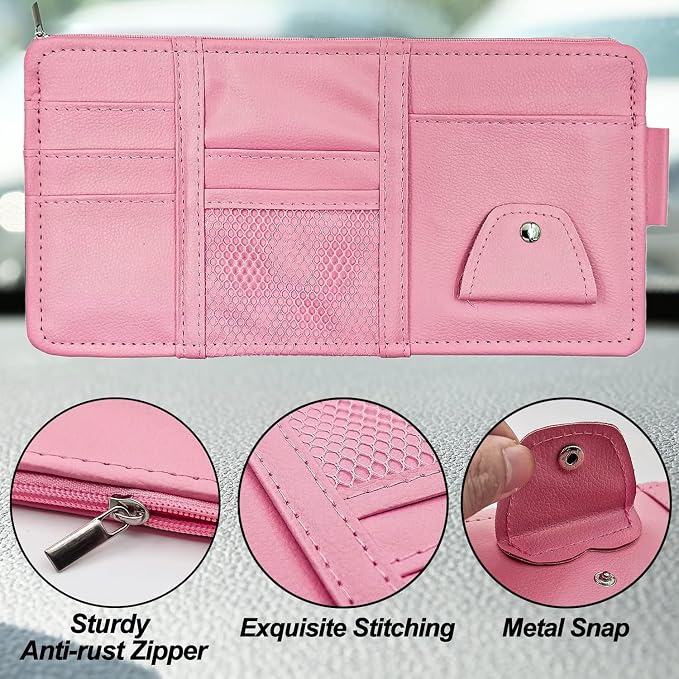 Keedolla 2 Pack Car Sun Visor Pocket Organizer, Auto Interior Accessories Car Truck Visor Organizer Storage Pouch Case Bag for Cards, Pens and Documents - Pink - Image 5