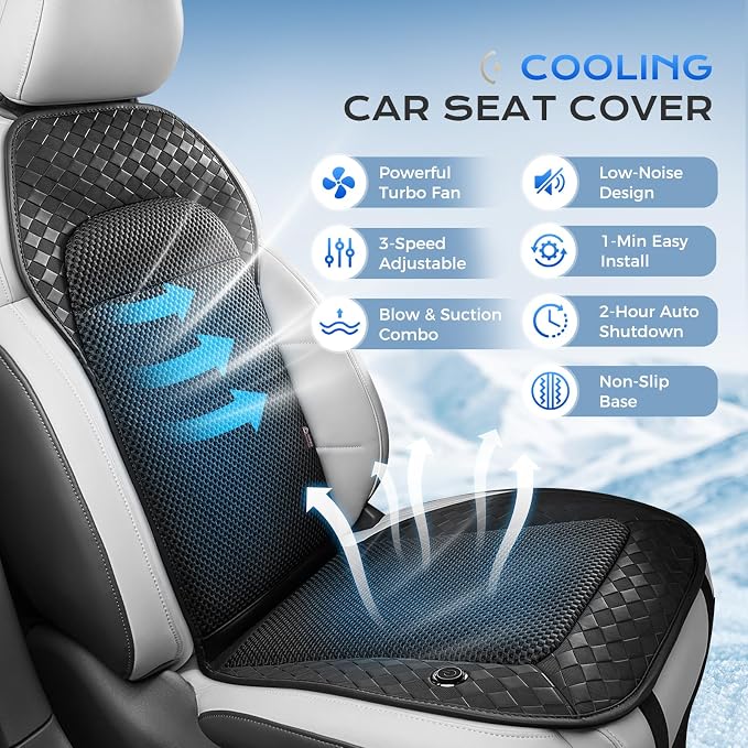 Coverado Ventilated Cooling Car Seat Cushion, 12V-24V Dual Blowing & Suction Seat Cover with 8 Turbo Fans, 3-Speed Cooling Pad, Universal Fit for Car, SUV, Truck & Van, Black - Image 4