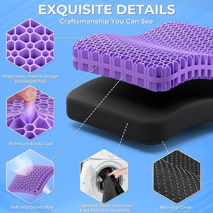 TushGuard Gel Seat Cushion for Long Sitting, Breathable Thick Patent Design | Enlarged Cooling Chair Pad for Office Chair, Wheelchair, Desk Chair, Supportive Car Cushion (2"Thick, Black+Violet) - Image 4