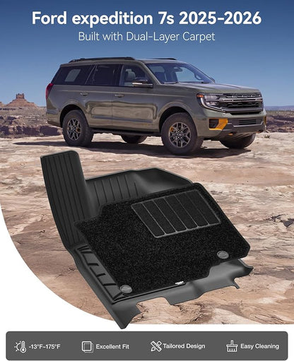 3W Floor Mats (with Front Carpets) for 2025-2026 Ford Expedition Standard | Only Standard 7 Seats, Easy Clean 100% TPE All Weather Custom Fit for Expedition Car Liners,Full Protection Mats, Black - Image 2