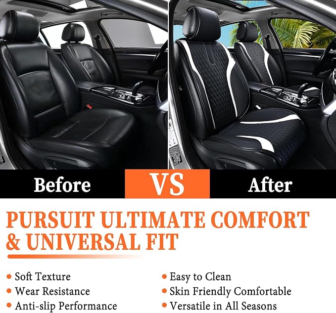 Coverado Front Seat Covers, 2PCS Waterproof Seat Covers for Cars, Car Seat Cushion Waterproof Leather Car Seat Protector, Driver Seat Cover Universal Fit for Most Sedans SUV Truck Black&White - Image 3