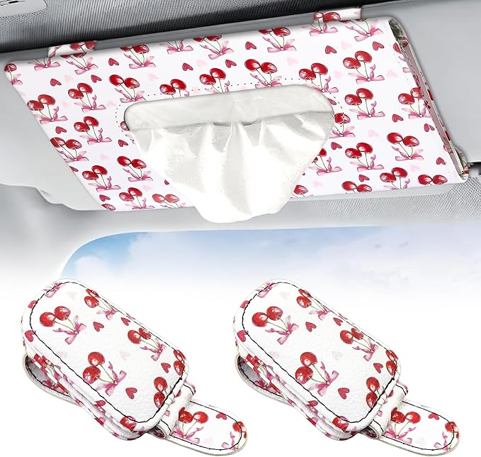 1Pcs Car Tissue Holder and 2 Pcs Sunglass Holder for Car,Magnetic Leather Sunglasses Holder Car Sun Visor Glasses Hanger Clip,Car Interior Accessories for Women(White Cherry) by JINGSEN