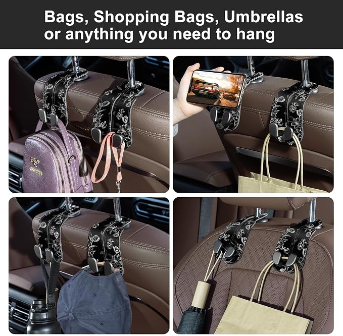 CoBak Purse Hook for Car - Universal Premium Stitched Leather and Aluminum-Magnesium Alloy Double Car Seat Back Storage Hook for Purses, Handbags, Bags (2 Pack),Floral Trace - Image 6