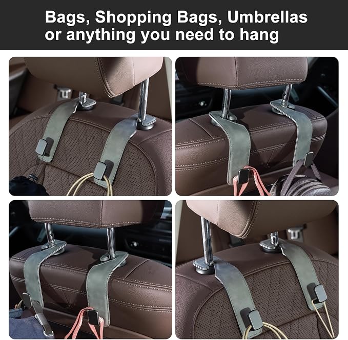 CoBak Headrest Hooks for Car - Universal Premium Stitched Leather and Aluminum-Magnesium Alloy Single Car Seat Back Storage Hook for Purses, Handbags, Bags (2 Pack),Gray - Image 7