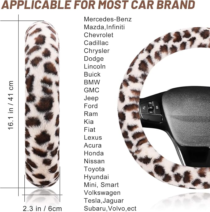 Fuzzy Steering Wheel Cover for Women Girls, Accmor Universal Fit 15 inch Fur Car Wheel Cover & Handbrake Cover & Gear Shift Cover Set, Fashion Leopard Winter Warm Fluffy Vehicle Wheel Protector - Image 2