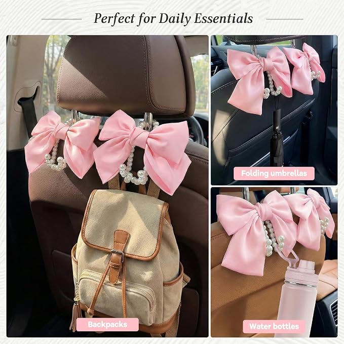 2PCS Satin Bow Pearl Car Seat Headrest Hooks – Car Bag Holder & Vehicle Hanger for Purses – Cute Coquette Aesthetic Interior Decoration – Cute Auto Organizer Accessories Universal (Pink) - Image 4