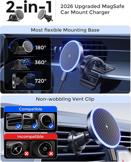 2-in-1 15W Magsafe Car Mount Charger, Magnetic Wireless Car Charger | 360° Dashboard & Air Vent Phone Mount, Phone Holders for Your Car, Car Accessories for Men Women for iPhone 17-12 - Image 2