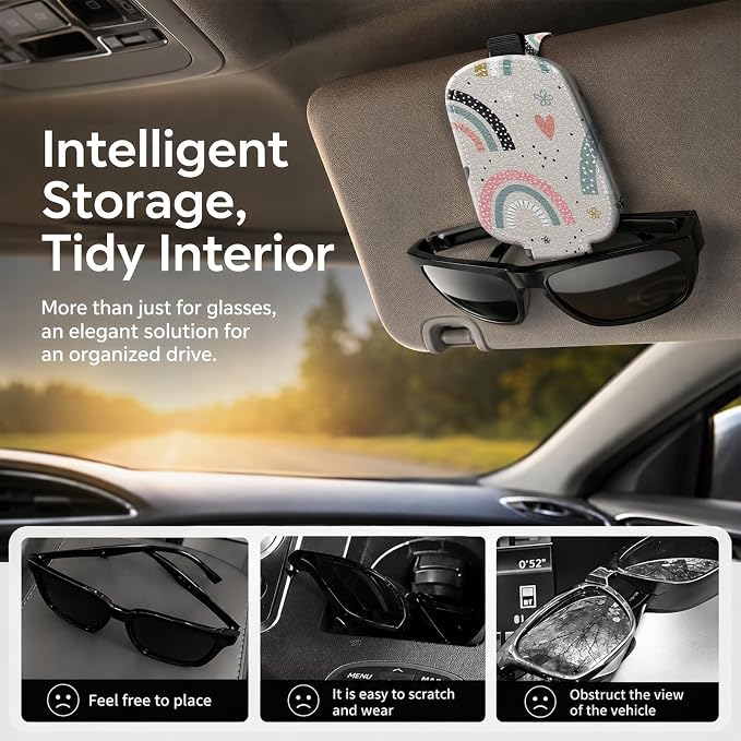 Sunglasses Holder for Car Visor, PU Leather Glasses Clip Organizer, Cute Magnetic Eyeglass Holder for Vehicle Sun Visor, Car Interior Accessory for Women & Men, Rainbow Arch - Image 2