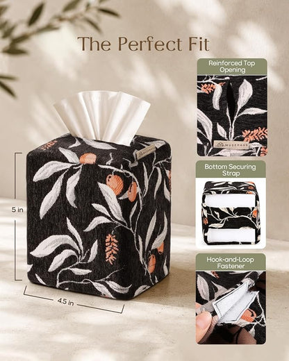 Chenille Tissue Box Cover - Vintage Farmhouse Decor, Black Leaf | Tissue Box Cover Square, Cube Tissue Holder, 4.5x4.5x5.5 in, Home, Living Room, Bathroom, Bedroom, Office, Vanity, Car Decor - Image 3