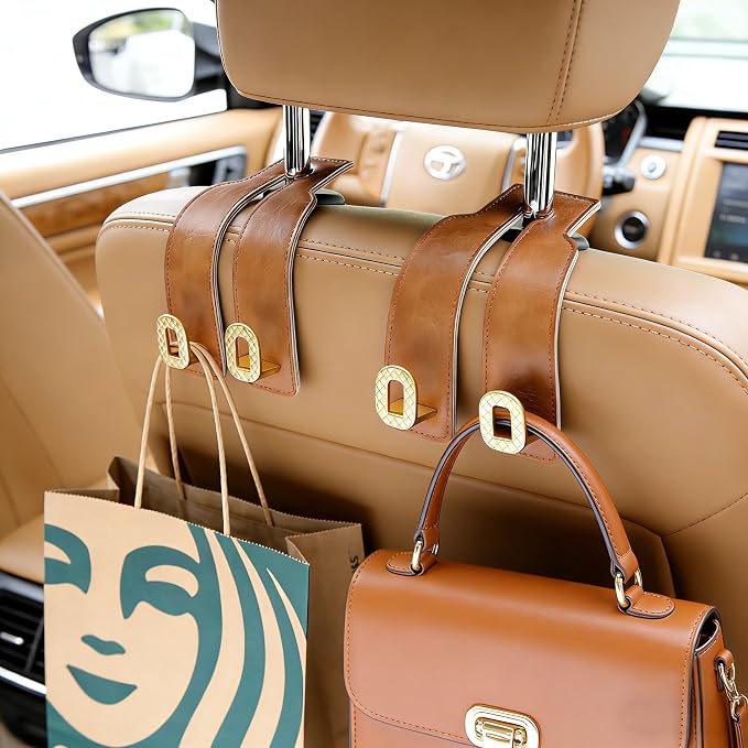 Car Headrest Hooks Universal Car Purse Hook Premium Leather and Alloy Twin Hook Car Seat Back Storage Hanger Hook for Purse Bags Cloth Drink Durable Holder Car Accessories (BH09-Brown-Gold) - Image 3